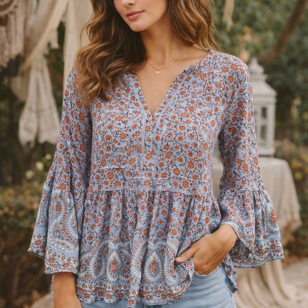 Boho Floral Peasant Top - Blue L Cottagecore